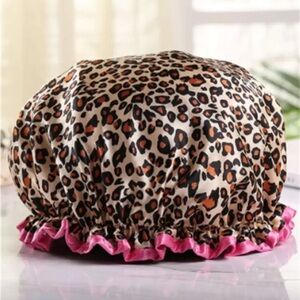 Leopard Print Kids Shower Cap with Pink Trim